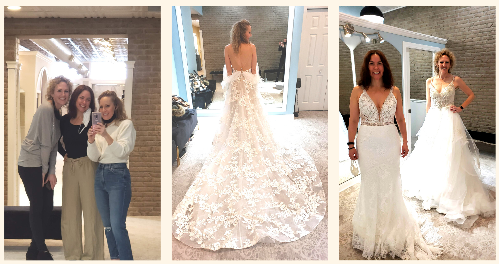 3 pictures of women in wedding gowns