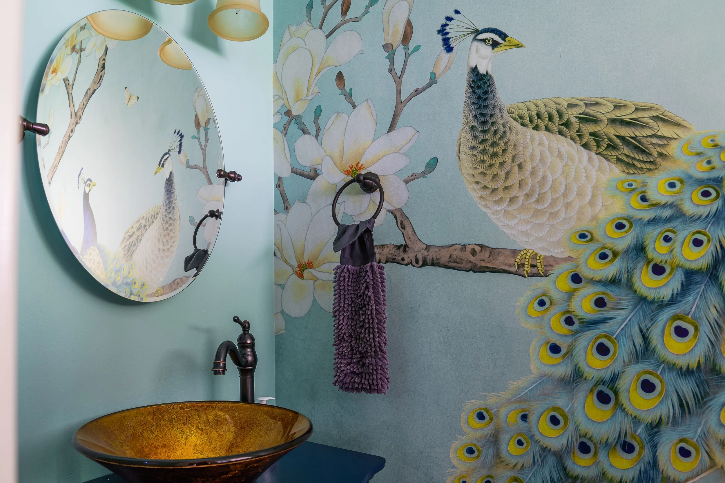 Peacock Wallpaper in small bathroom